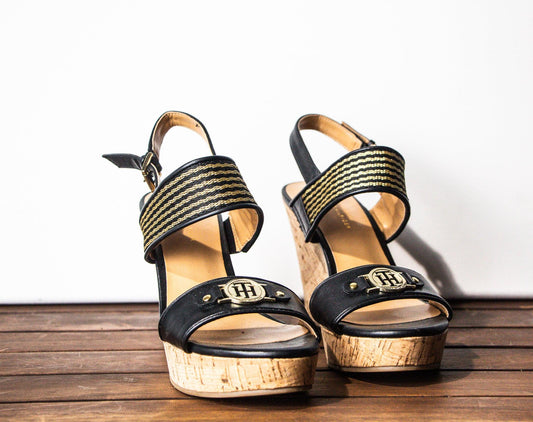 TOMMY HILFIGER Black Open Toe Cork Wedge