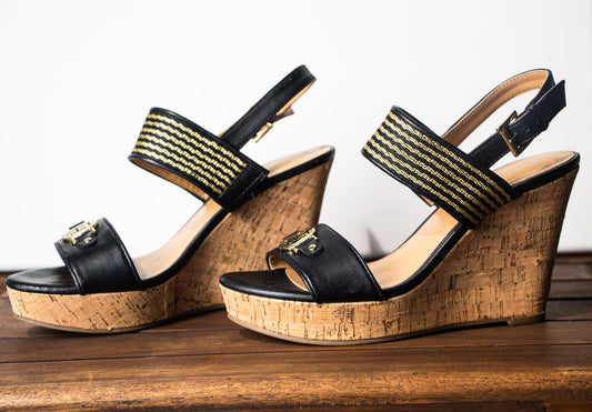 TOMMY HILFIGER Black Open Toe Cork Wedge
