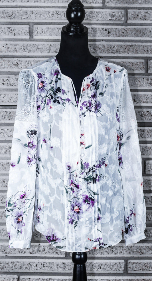 White House Black Market Long Sleeve White Floral Blouse