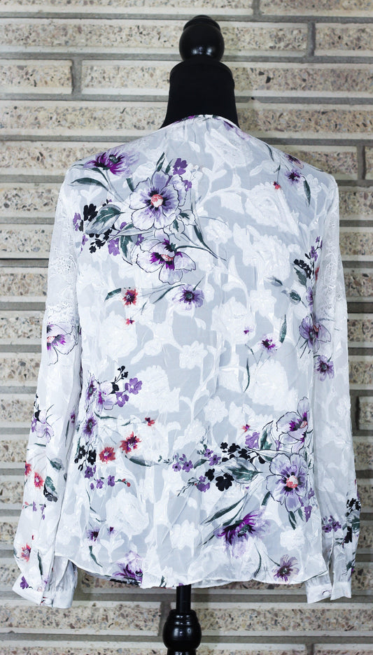White House Black Market Long Sleeve White Floral Blouse