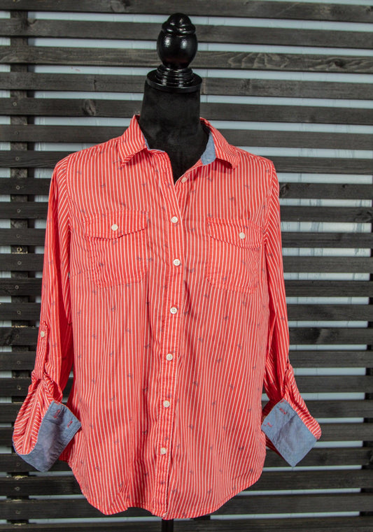 St Johns Bay Orange Striped Butterfly Print Button Front Top