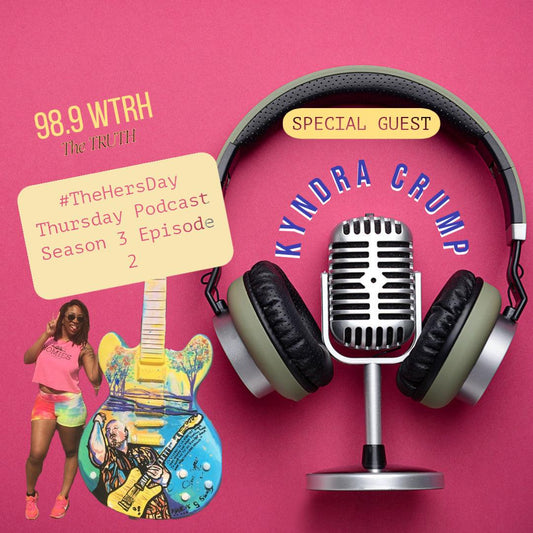 Podcast promo with vintage mic, headphones, and painted guitar for Kyndra Crump guest episode