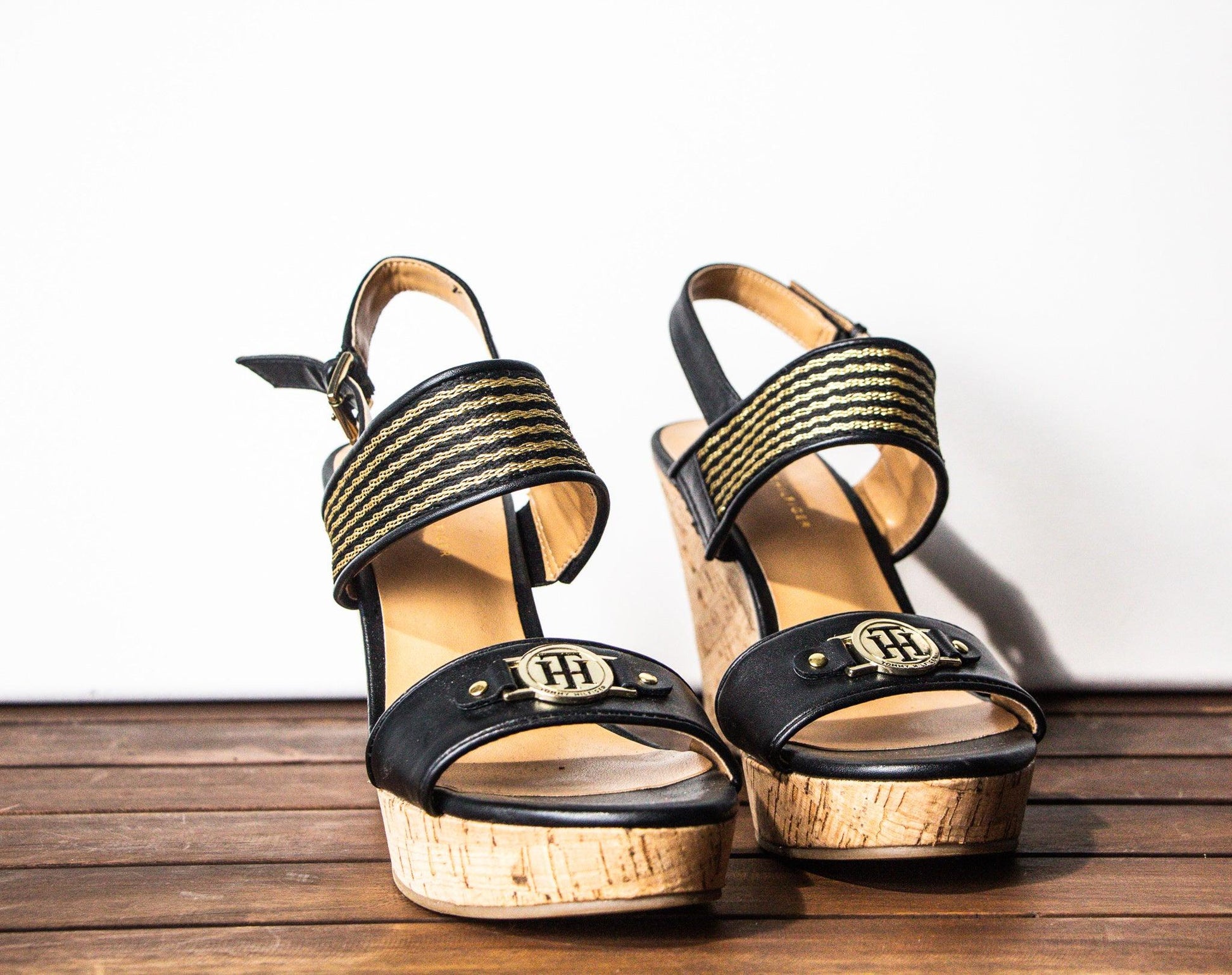 TOMMY HILFIGER Black Open Toe Cork Wedge - Sons of SPPhillips
