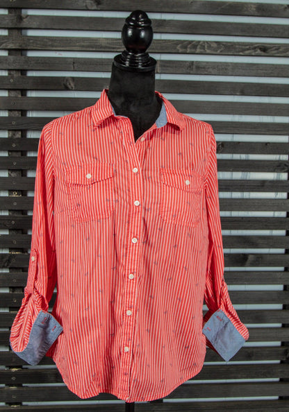 St Johns Bay Orange Striped Butterfly Print Button Front Top - Sons of SPPhillips